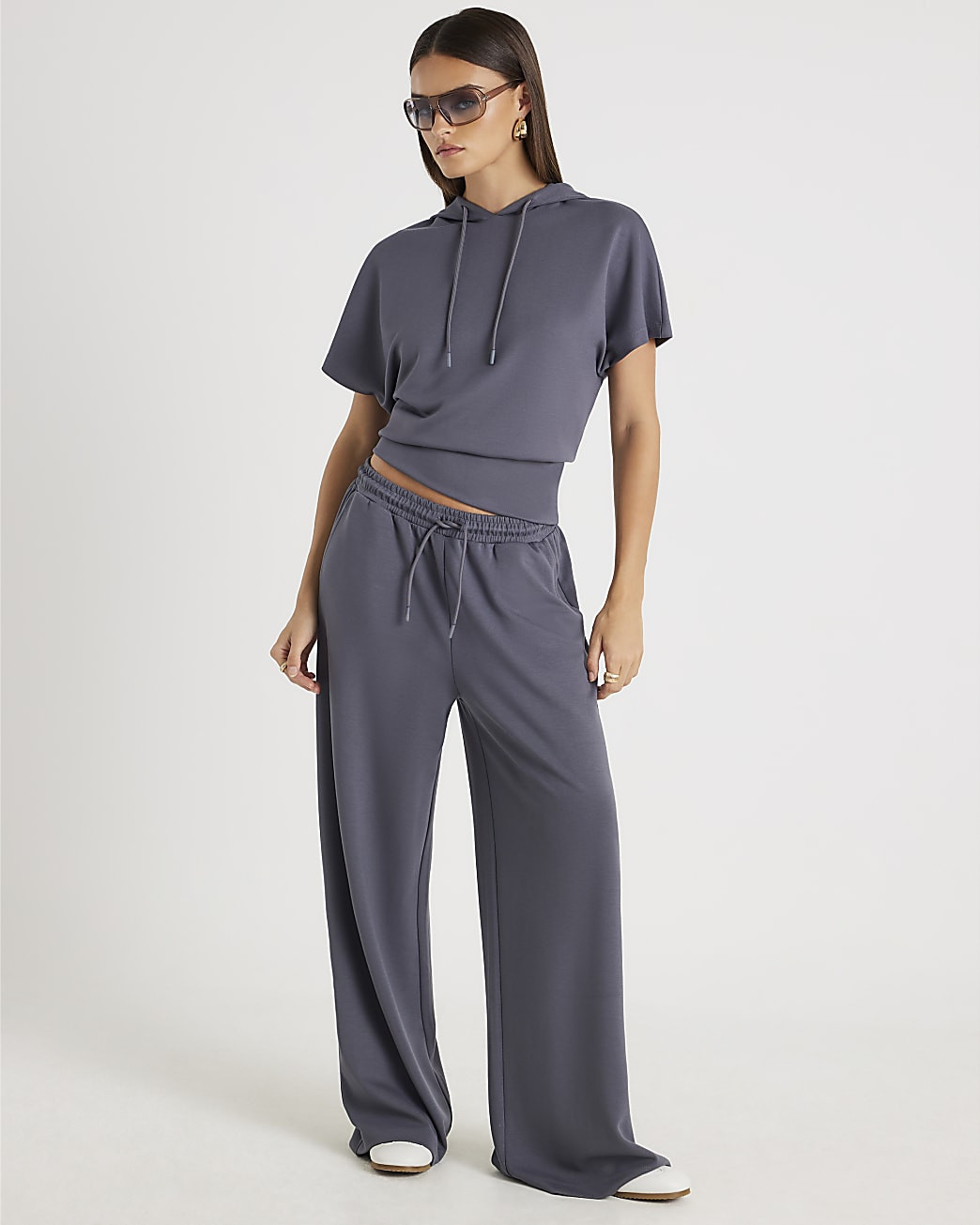 Grey Premium Short Sleeve Hooded Top | River Island UK & IE