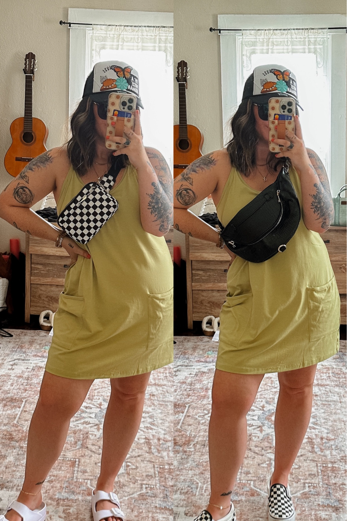 Athletic dress multiple ways! Wearing medium in light green dress. TTS in platform sandals and in platform checkered vans. Checkered print belt bag and black snake print crocodile belt bag. Custom trucker hat with patches 

#LTKU #LTKSeasonal #LTKStyleTip