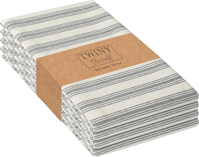 TWINY threads 4 Pc 100% Cotton Kitchen Towels, 18"x26", Absorbent, Grey | Amazon (US)