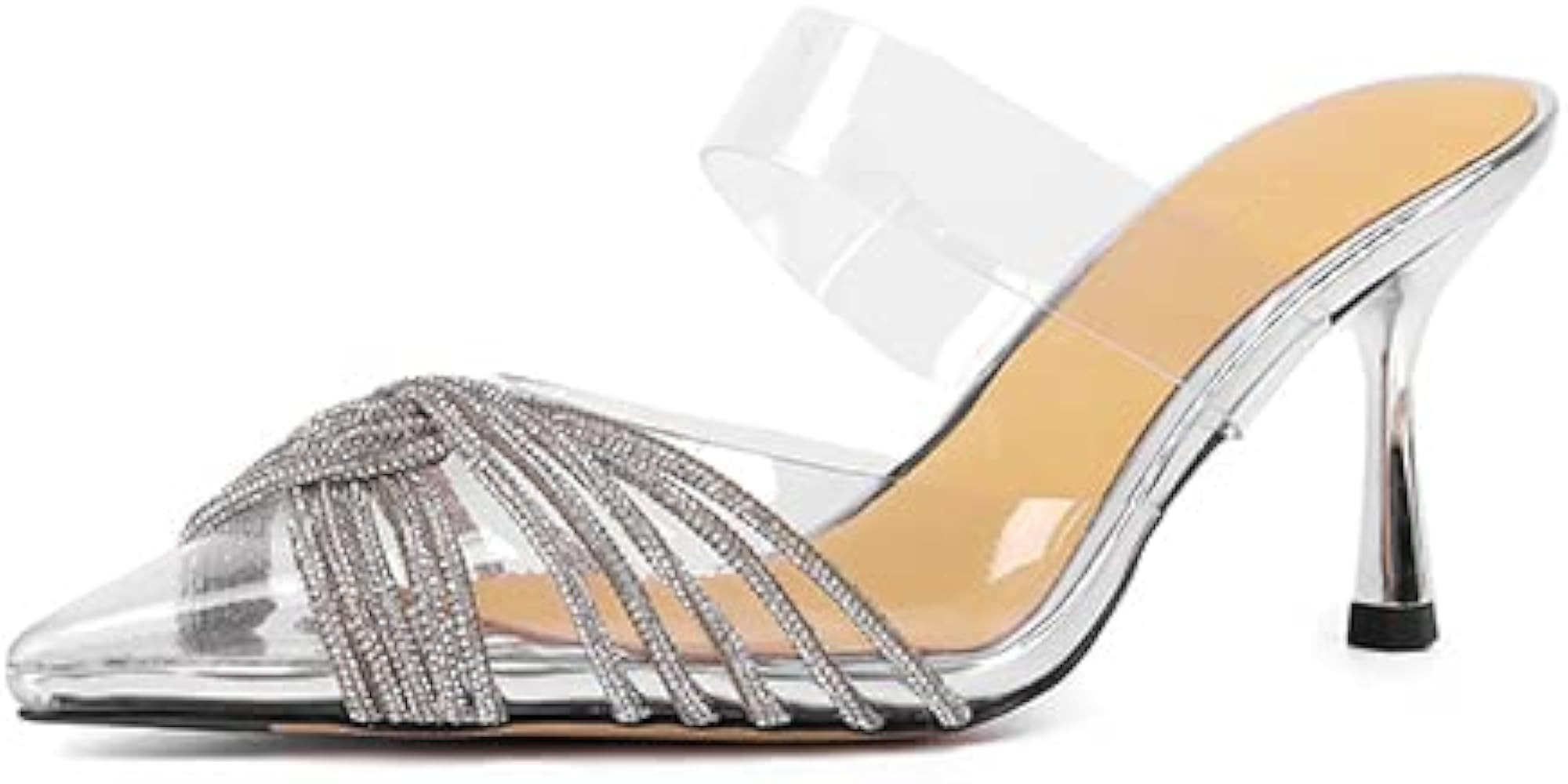 Vertundy Women's Rhinestone Heeled Mules - Clear PVC Stiletto Heel Slide Sandals Crystal Pointed ... | Amazon (US)
