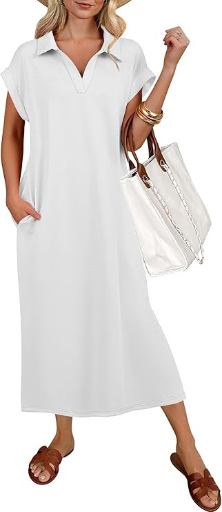 ANRABESS Womens Summer Casual Midi Dresses Short Sleeve Polo V Neck Loose Split Wrinkle-Free Beac... | Amazon (US)