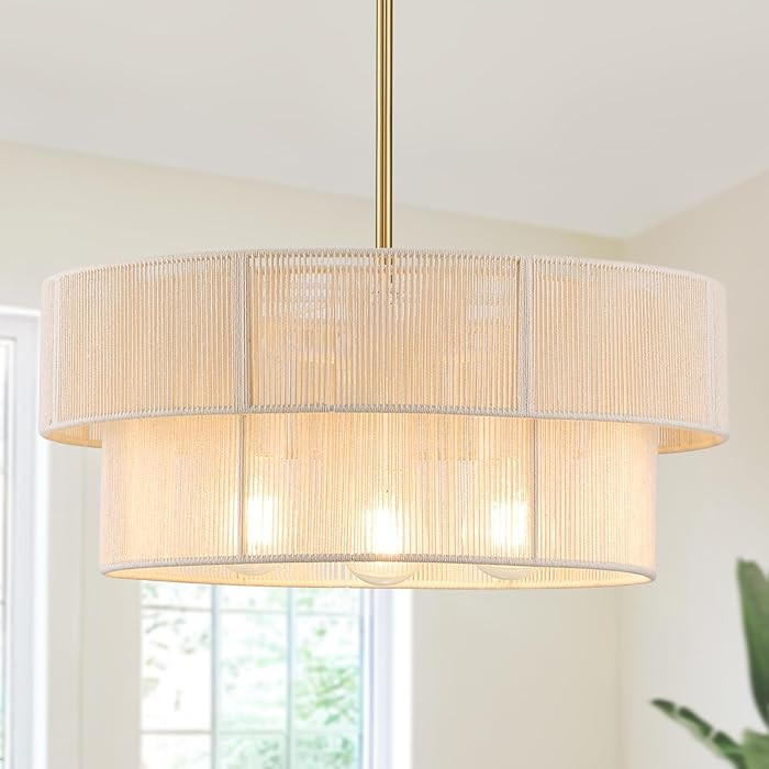ZGKUYDBoho Woven Rattan Chandelier, Adjustable Gold Rod 2-Tier Drum Hanging Light, White Pendant ... | Amazon (US)