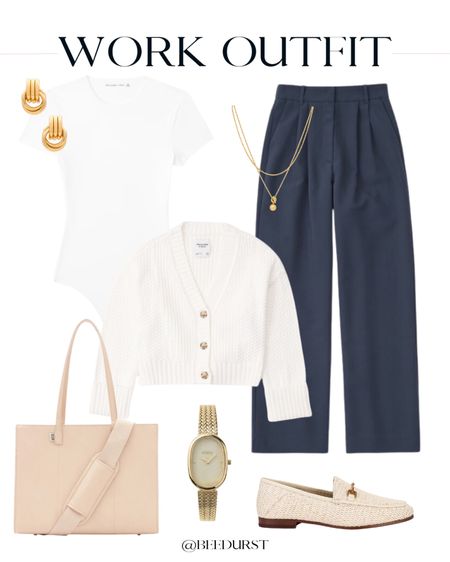Work outfit idea, summer work outfit idea, office outfit idea, summer office outfit idea, navy trousers, navy work pants, cute work pants, white bodysuit, work bodysuit, office bodysuit, white cardigan, work cardigan, office cardigan, summer loafers, summer work shoes, cute work shoes, work tote bag, cute work bag, beige work bag, layered necklaces, gold earrings, gold watch, cute work outfit, trendy work outfit, cute office outfit, trendy office outfit 

#LTKItBag #LTKWorkwear #LTKShoeCrush
