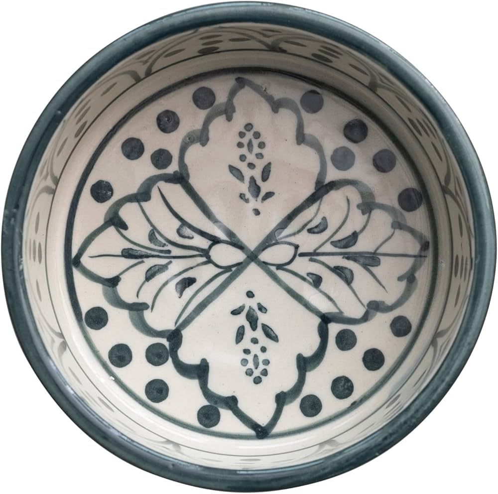 Creative Co-Op Hand-Painted Stoneware Botanical Design, Cream and Blue Pet Bowl | Amazon (US)