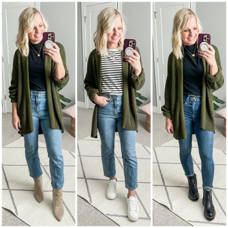 Outfit ideas from mom-friendly winter capsule wardrobe. Head over to thriftywifehappylife.com for more details!