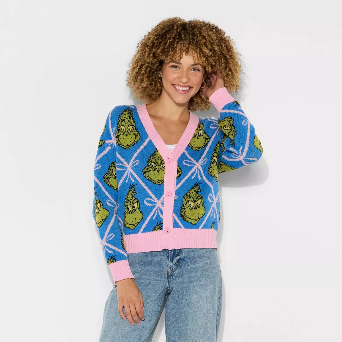 Women's Grinch Festive Graphic Cardigan - Blue M | Target