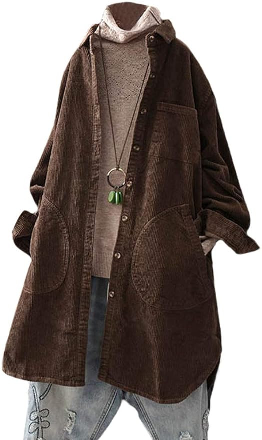 Minibee Women's Corduroy Shirt Coats Long Sleeve Button Down Blouses Tops with Pockets | Amazon (US)