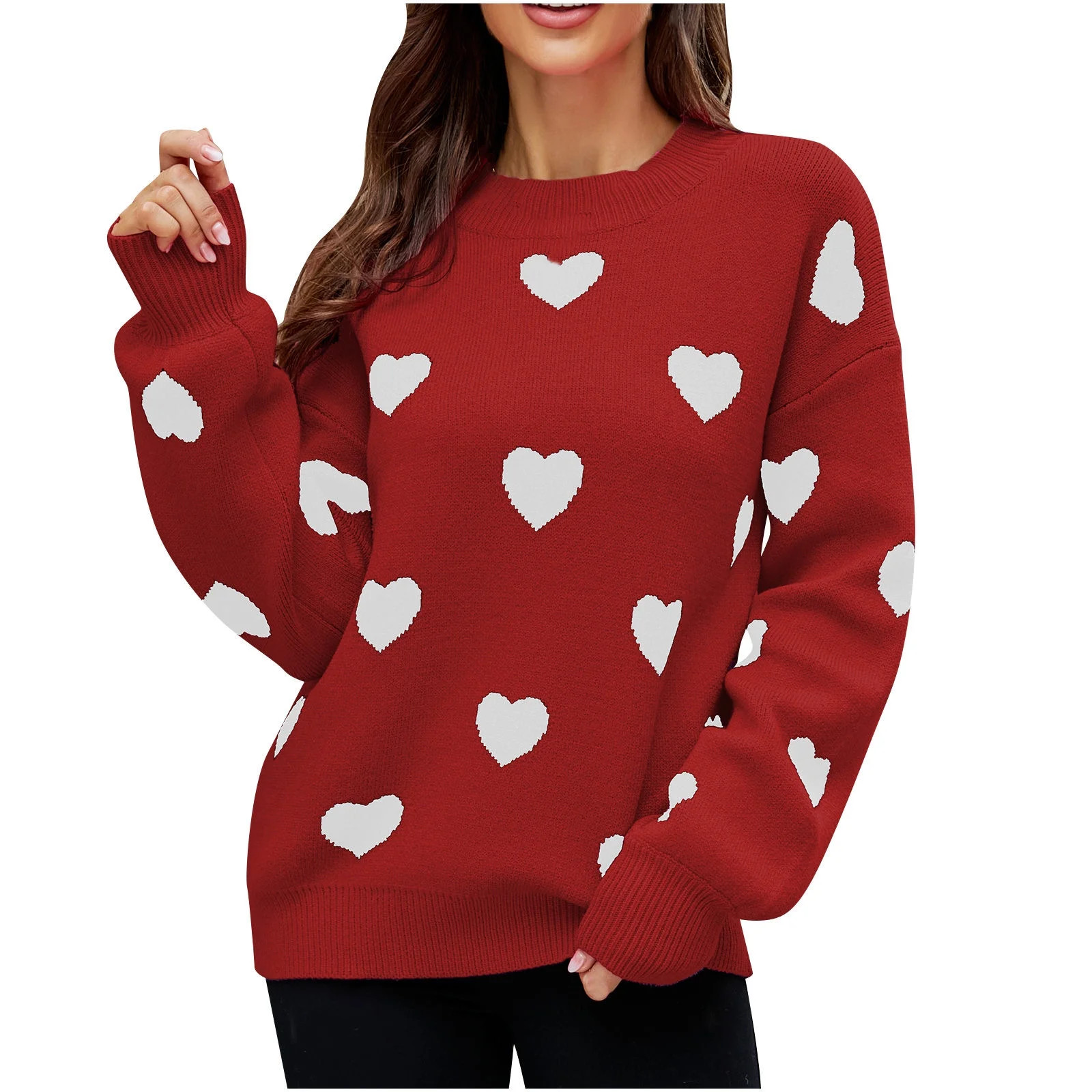 JGGSPWM Cute Heart Print Sweaters for Womens Valentines Day Tops Casual Fall Winter Jumper Lovely... | Walmart (US)