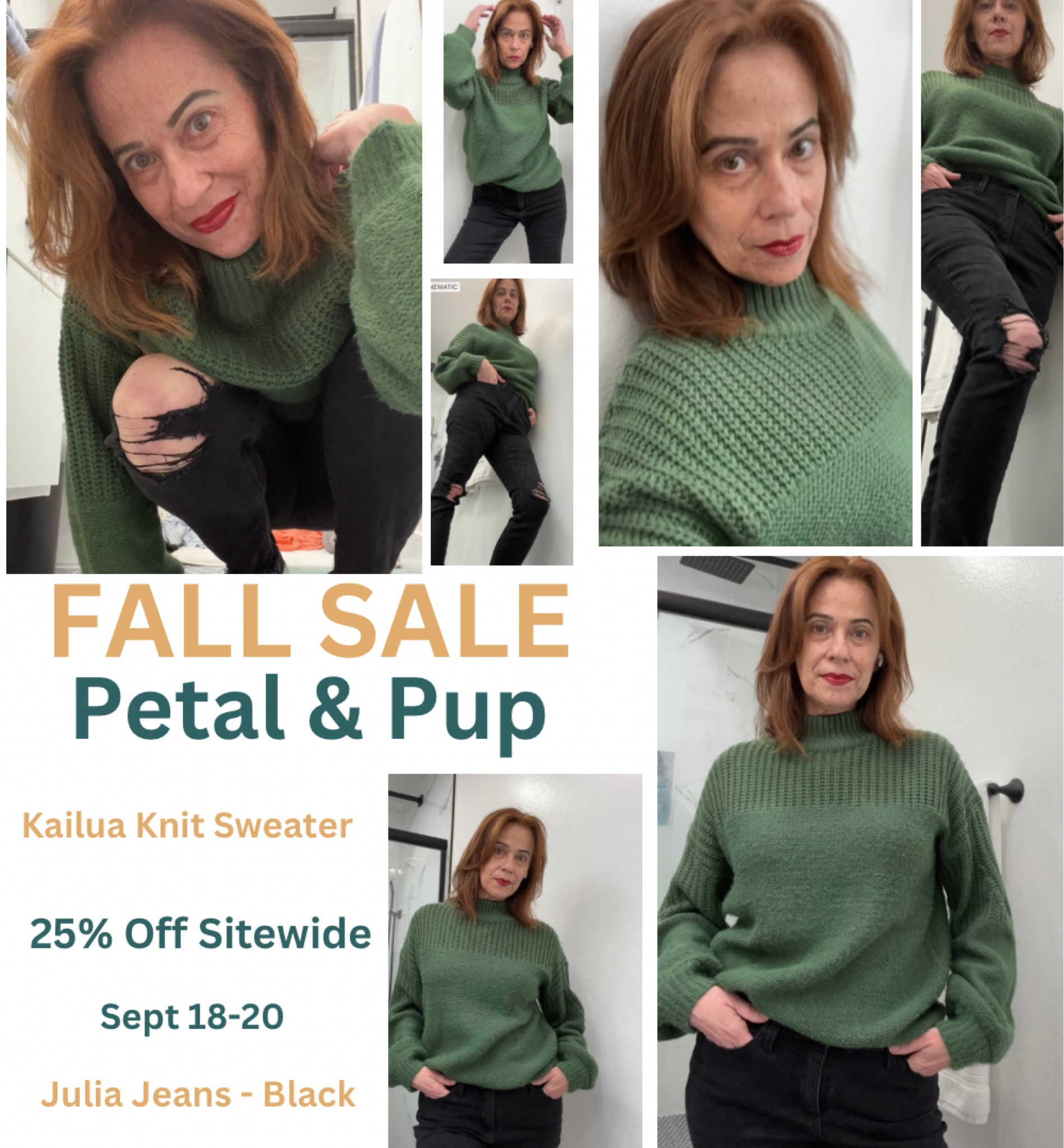 FALL SALE. ALL PETAL & PUP items 25% off Sitewide. Sept 18  - 20. More items like these Fall photo outfit ideas, including this cozy knit sweater and on trend distressed black jeans ripped at the knees. I’m in a Med and size 6. #falloutfit #casualoutfit #fashionover50 #fallsweater

#LTKsalealert #LTKSale #LTKfit