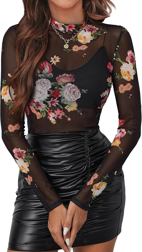 OFEEFAN Womens Long Sleeve Mesh Top See Through Mock Neck Sheer Blouses | Amazon (US)