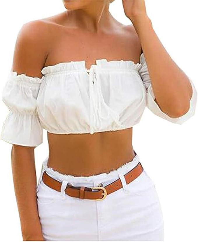 leveltech Women's Strapless Off Shoulder Ruffled Crop Top Blouse Tee T-Shirt | Amazon (US)