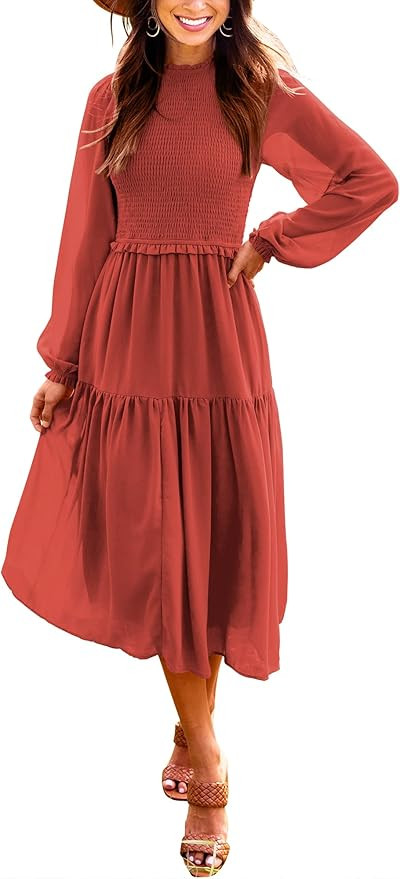 ANRABESS Women's Long Sleeve Crewneck Smocked Boho Dress A-Line Ruffle Frill Tiered Swing Midi Dr... | Amazon (US)