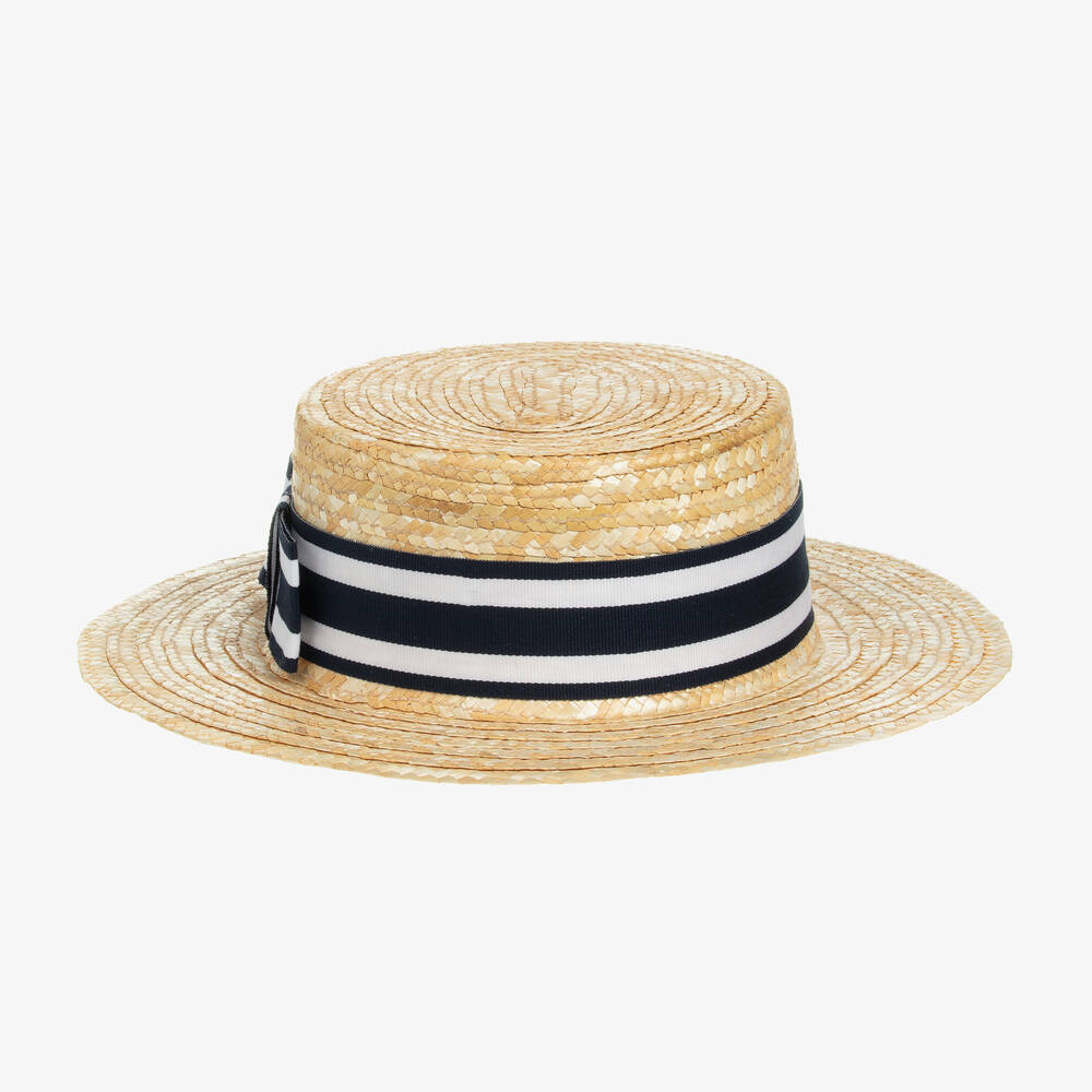 Girls Beige & Blue Straw Boater | Childrensalon