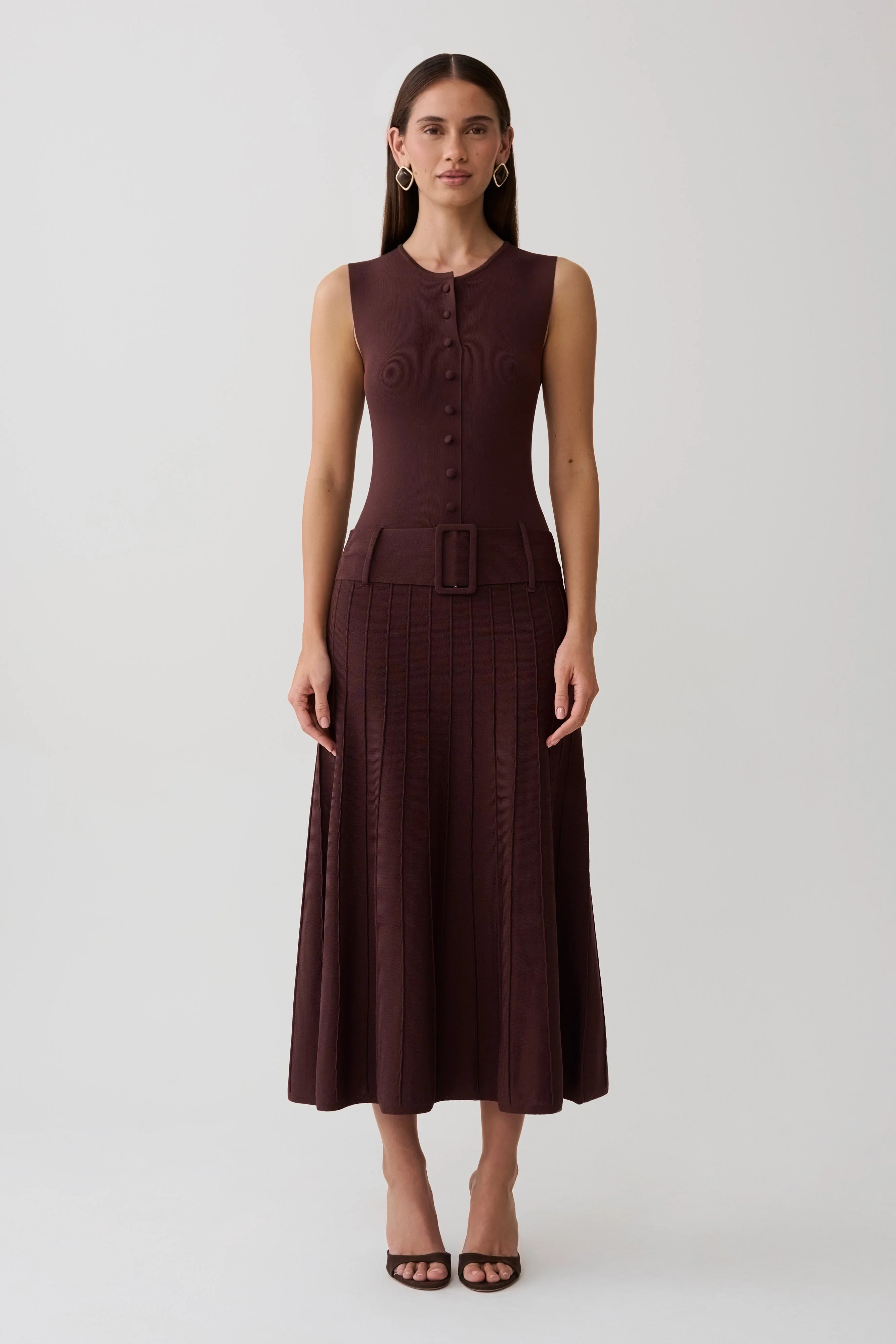 Rebena Pleated Midi Dress - Chocolate | MESHKI US