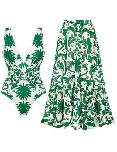 FLAXMAKER Women's Bathing Suit Printed Wrap Tummy Control One Piece V Neck Crisscross Swimsuit and Skirt (US, Alpha, Medium, Regular, Regular, Green Swimsuit and Skirt) | Amazon (US)