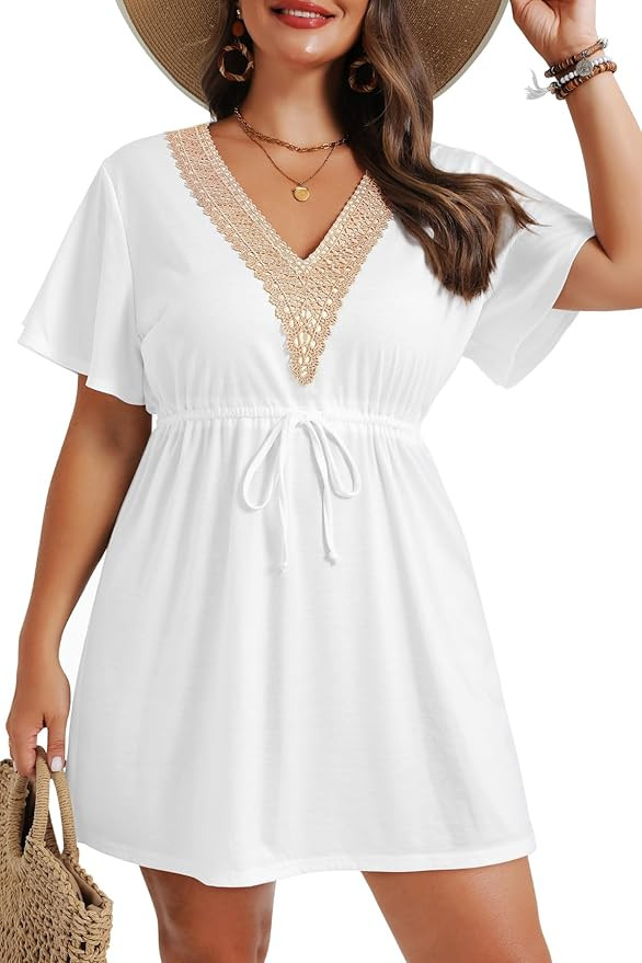 Plus Size Swimsuit Cover Up - Women Lace V Neck Drawstring Bathing Coverup Beach Dress | Amazon (US)