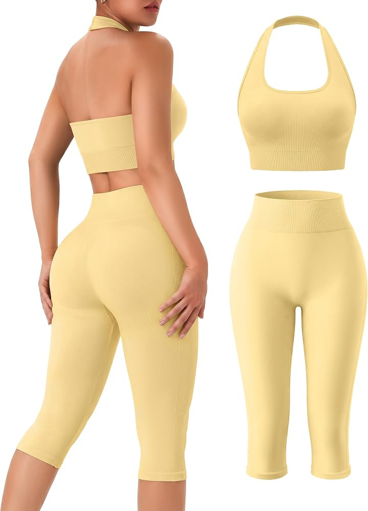 Womens Workout Sets 2 Piece Halter Neck Sports Bra Capri Leggings | Amazon (US)