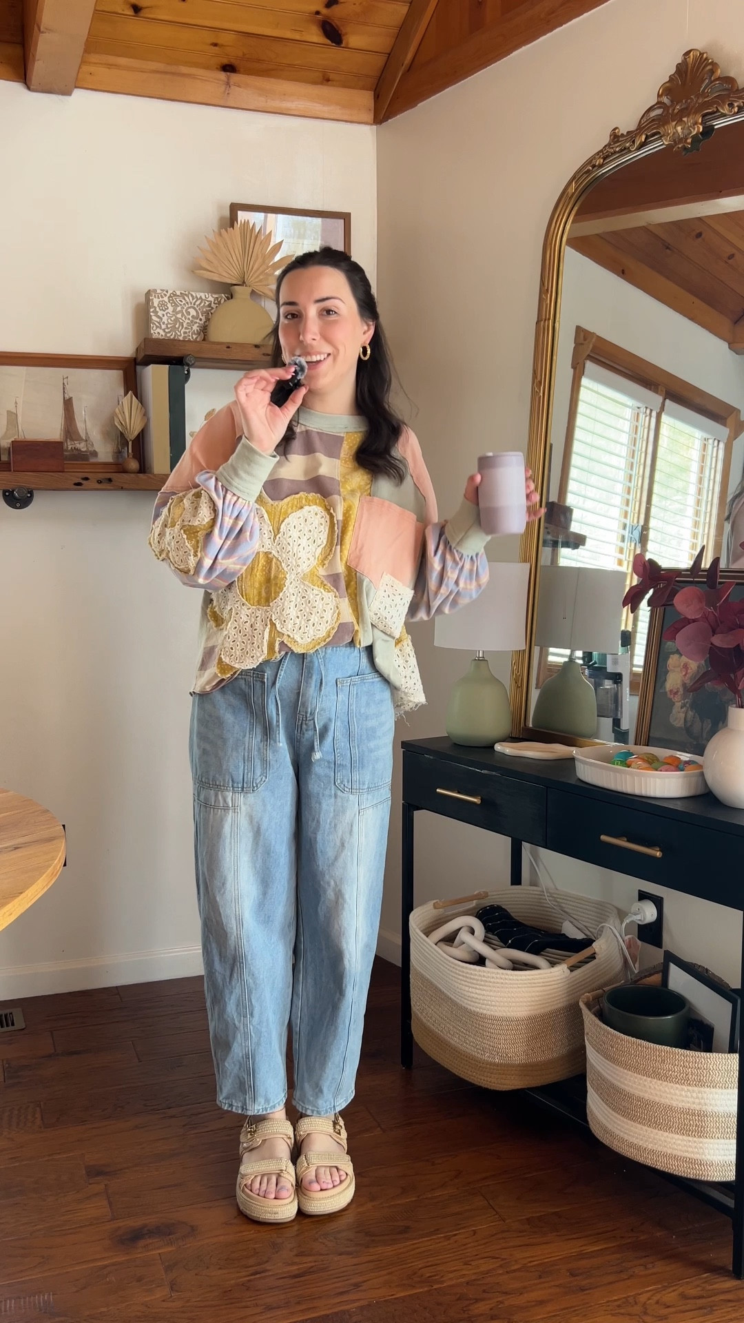 Comfy cozy oversized patchwork shirt from Three Bird Nest + Free People Amazon barrel jeans + Steve Madden raffia sandals (linked similar, too) 🩵🩷💜

#LTKFindsUnder100 #LTKMidsize #LTKStyleTip