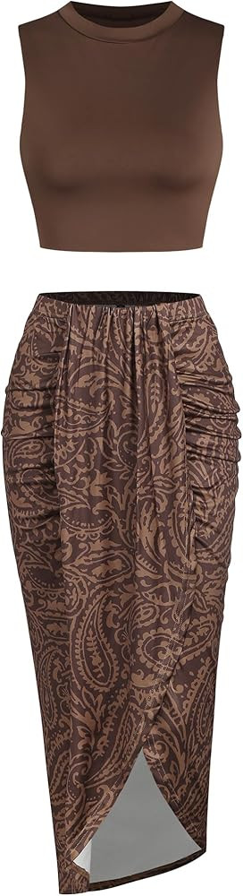 ZAFUL Women's Casual Sleeveless Summer Two Piece Outfits Crop Top and Side Split Draped Ruched Ma... | Amazon (US)