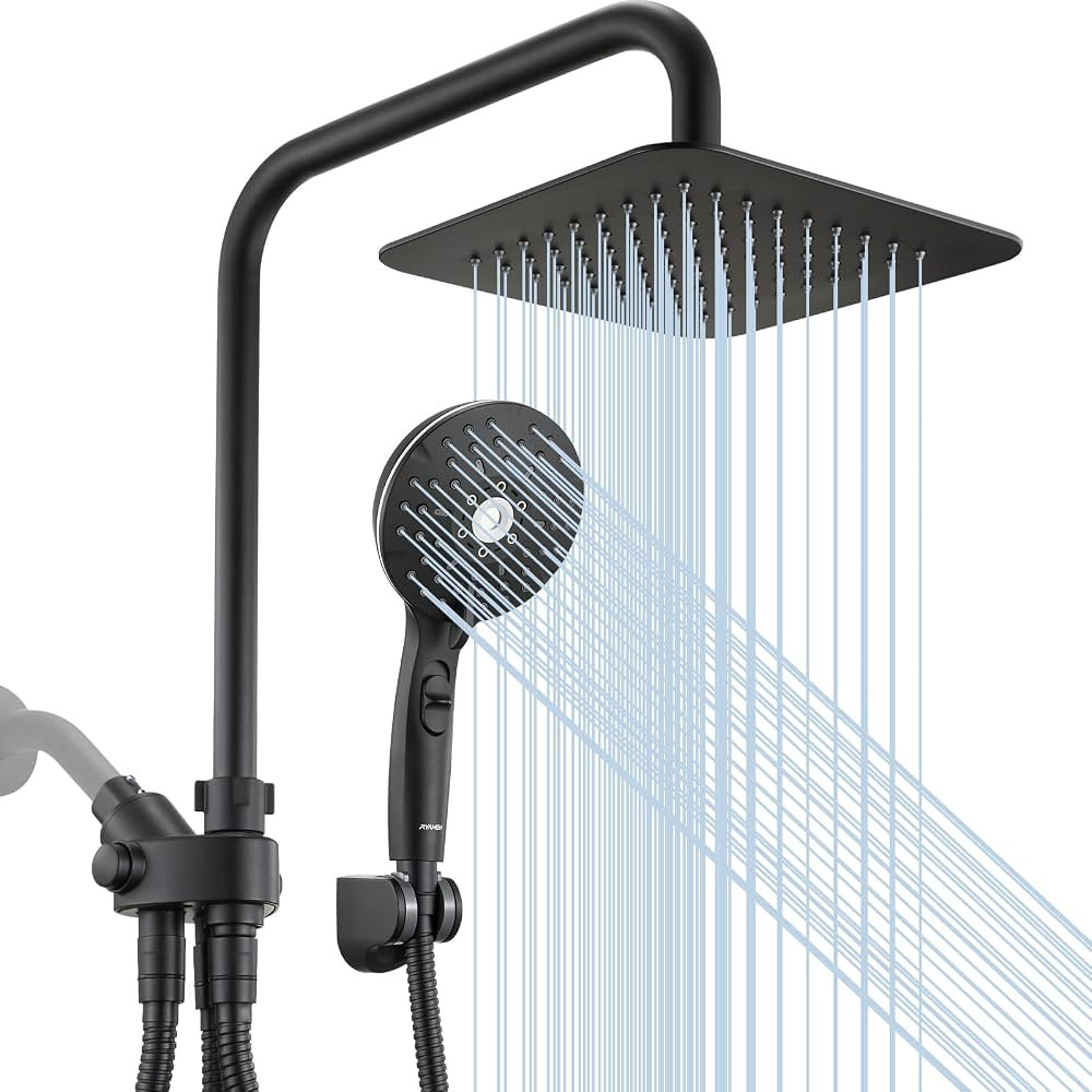 Dual Shower Head Combo, Black 8'' High Pressure Rain/Rainfall Shower Head,5 Settings Adjustable H... | Amazon (US)