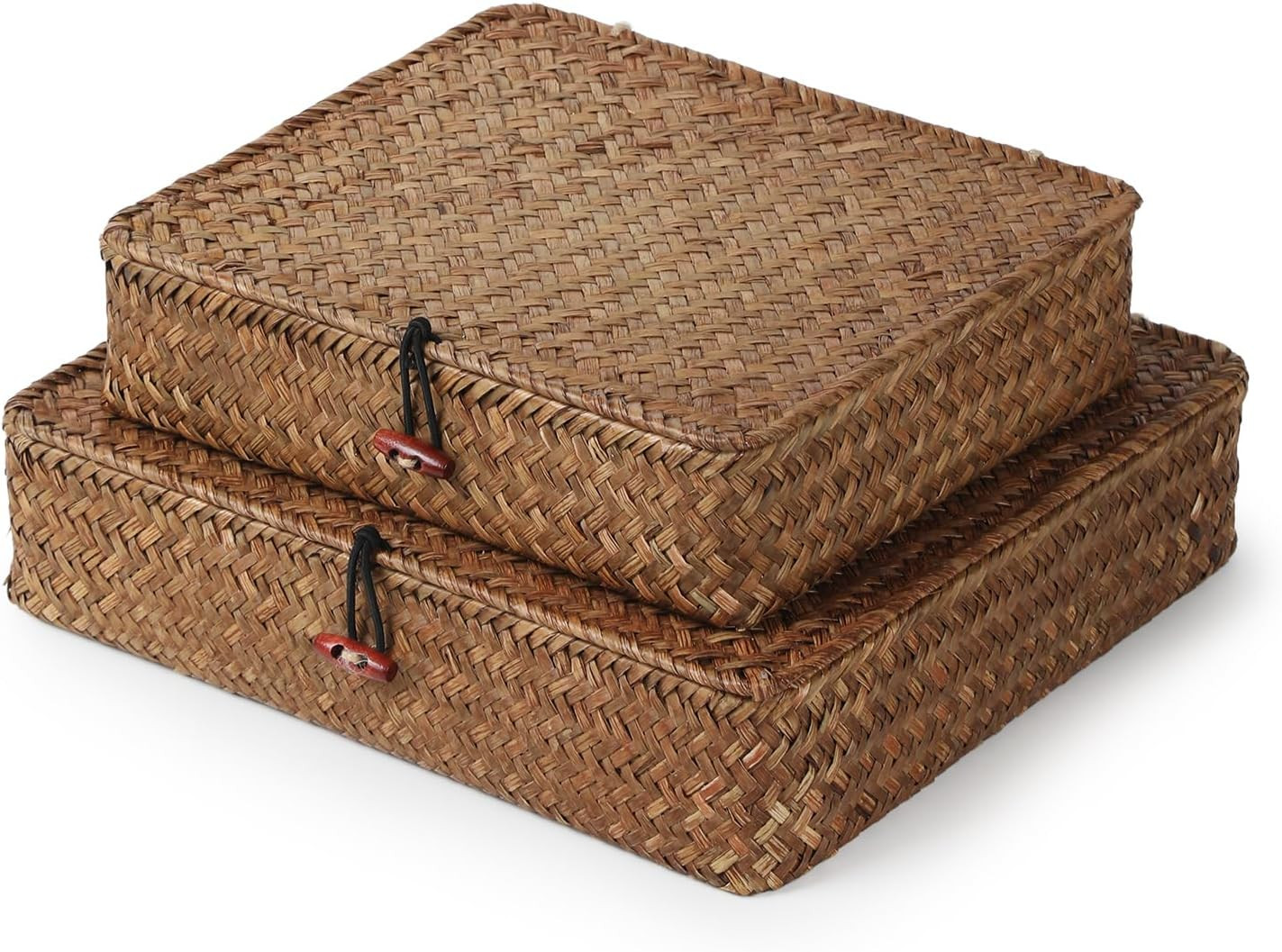 YANGQIHOME Set of 2 Seagrass Baskets with Lids, Rectangular Woven Storage Baskets, Natural Wicker Basket Boxes for Coffee Table, Shelf, Bathroom Counter & Closet Decor (Coffee, Set of 2) | Amazon (US)
