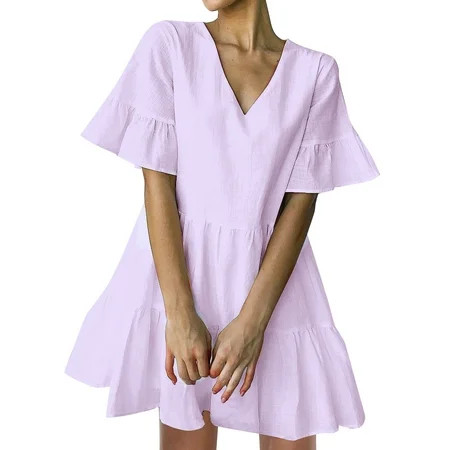 FANCYINN Women’s Sweet Shift Tunic Dress Short Bell Sleeve V Neck Causal Swing Red Ruffle Mini Dress with Pockets Light Purple XS | Walmart (US)
