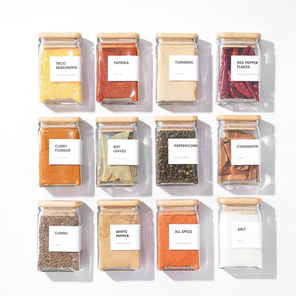 Glass Spice Jars with Labels, 4oz Glass Jars with Bamboo Lids, Square Spice Jars with Labels, Emp... | Amazon (US)