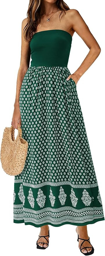 PRETTYGARDEN Summer Dresses for Women 2026 Floral Patchwork Strapless Tube Long Flowy Dress Beach... | Amazon (US)