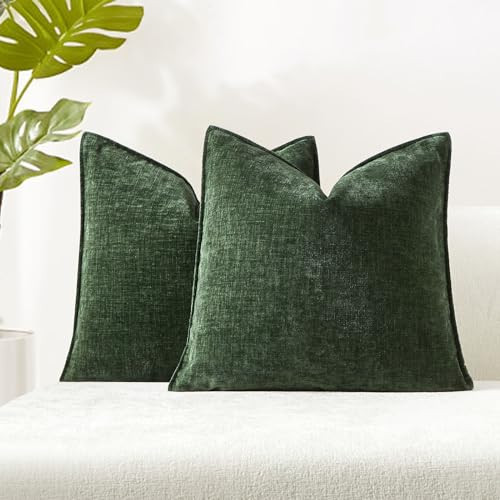 JUSPURBET 18x18 Green Throw Pillow Covers Set of 2 Decorative Pillow Covers for Couch Sofa Bed Cozy Chenille Cushion Covers Cases with Invisible Zipper for Living Room Home Decor | Amazon (US)