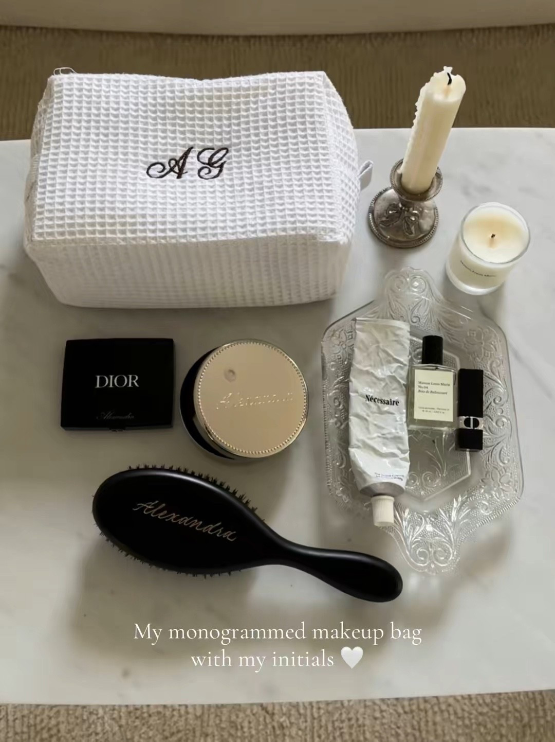 My monogrammed makeup bag with my initials 🤍