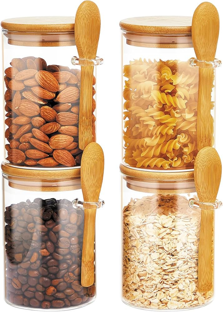 Set of 4 Airtight Glass Jars with Bamboo Lids and Spoons, 22 OZ Overnight Oats Containers with Li... | Amazon (US)
