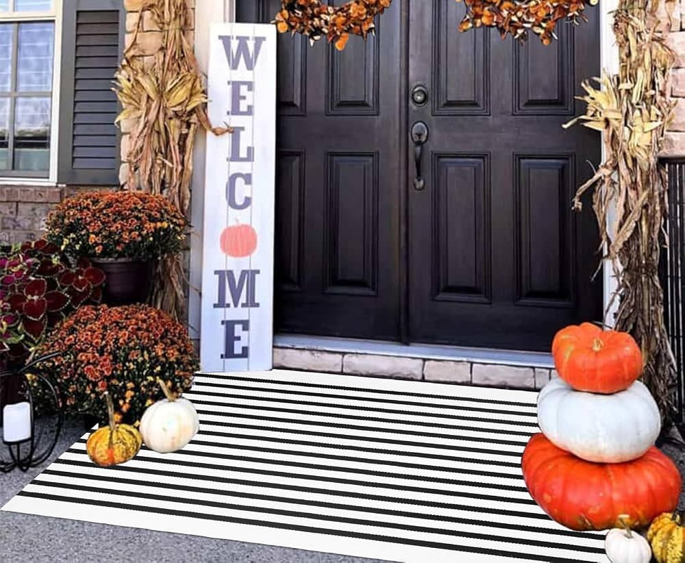 Black and White Outdoor Rug 3'x 5' Front Porch Rug Cotton Hand-Woven Striped Rug Machine Washable... | Amazon (US)