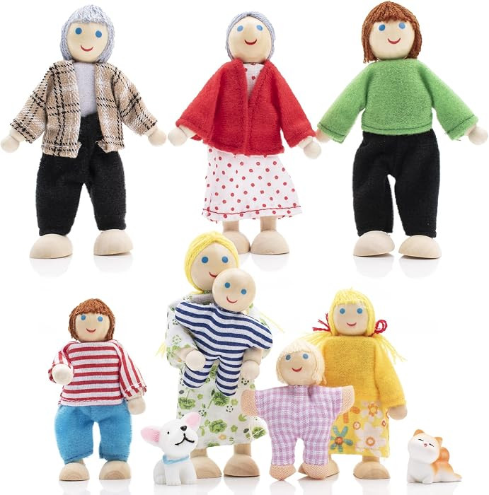 Wooden Doll House People of 8 Miniature Figures and 2 Pets, Dollhouse Dolls Family Set- Dollhouse... | Amazon (US)