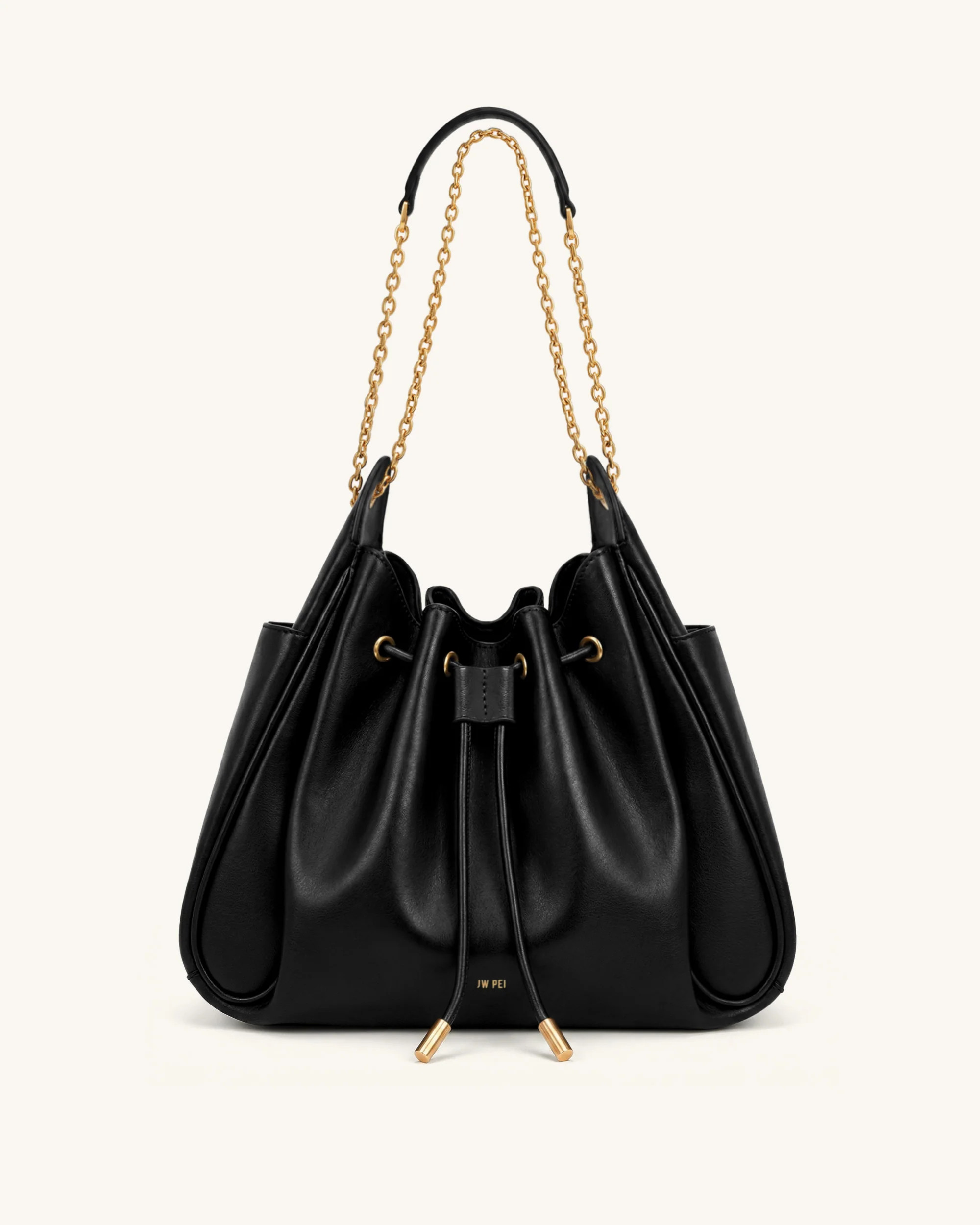 Rowan Ruched Drawstring Chain Bucket Bag - Black | JW PEI US