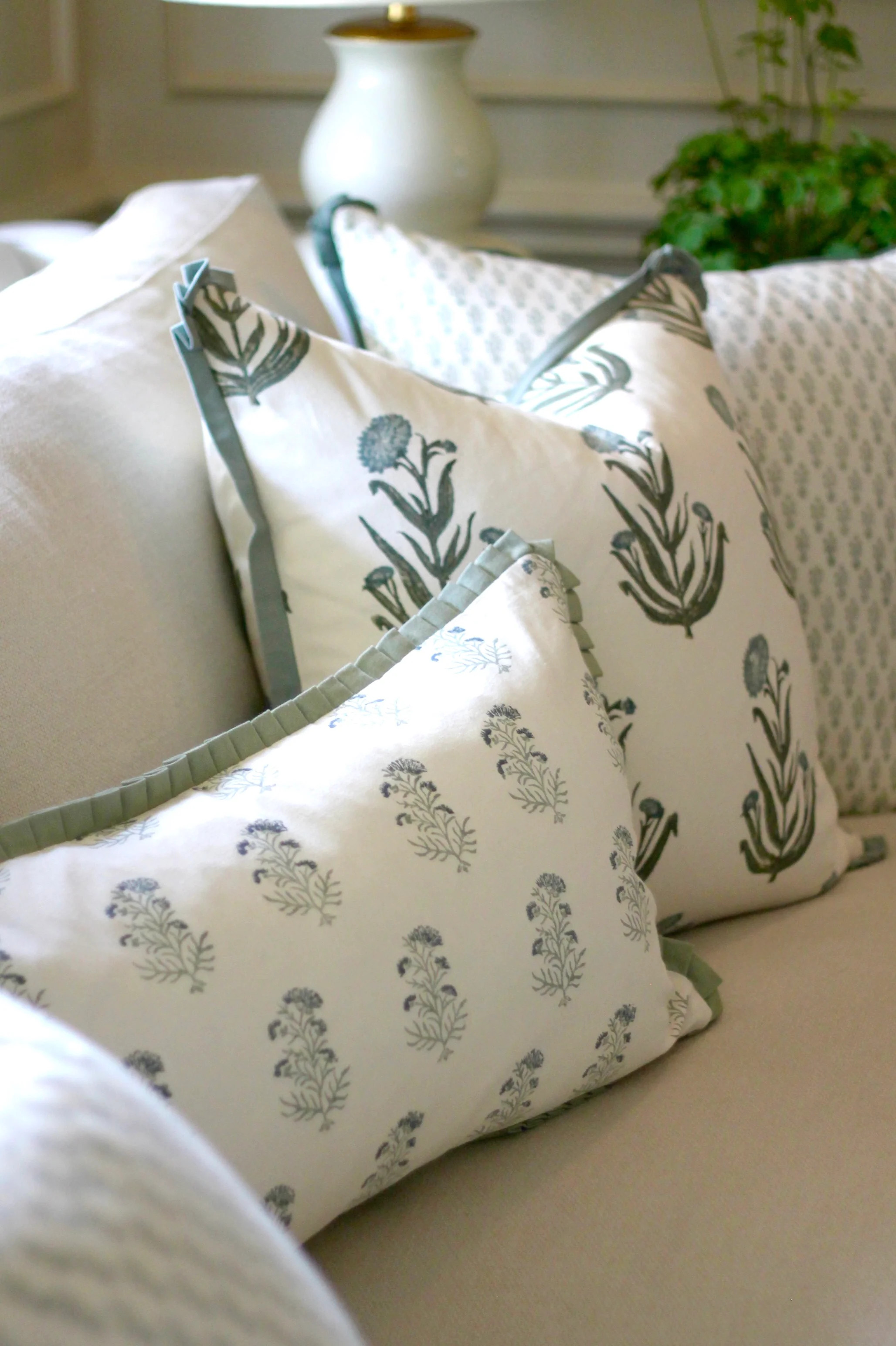Charlotte in Blue Pillow Covers | Sage Trim | JSH Home Essentials