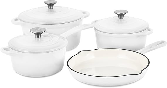 Basque Enameled Cast Iron Cookware Set (Blanc White), 7-Piece Set, Nonstick, Oversized Handles, O... | Amazon (US)