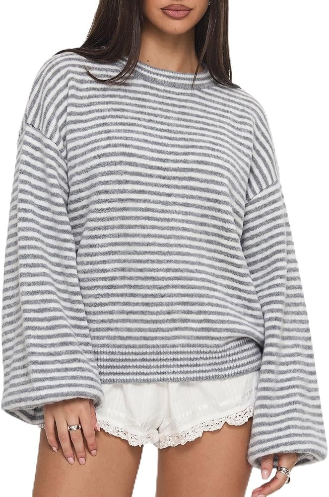QINSEN Women's Crewneck Oversized Sweater Striped Long Sleeve Pullover Top | Amazon (US)