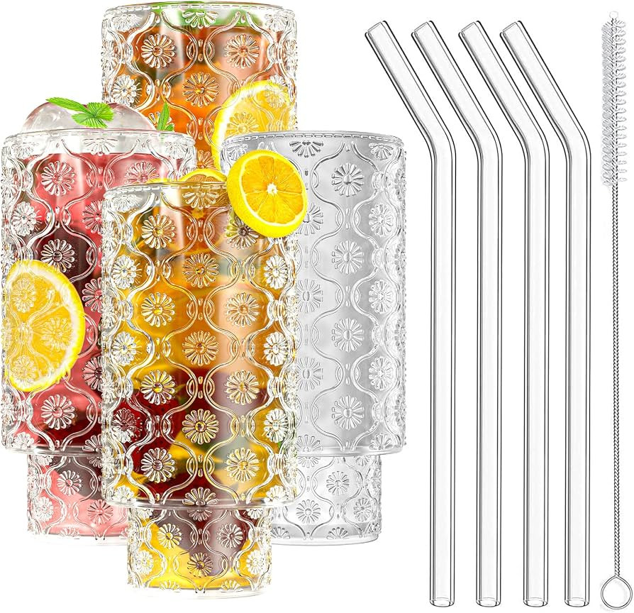 Glass Cups with Straws,12OZ Drinking Glasses Set of 4,Ribbed Glassware Dishwasher Safe Cocktail g... | Amazon (US)