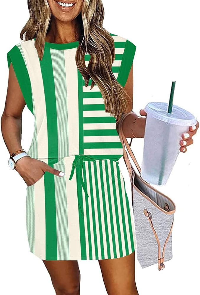 ETCYY NEW Womens Cap Sleeve Summer Dress Crew Neck Tie Front A-Line Dresses Double Layer Hem Mini... | Amazon (US)