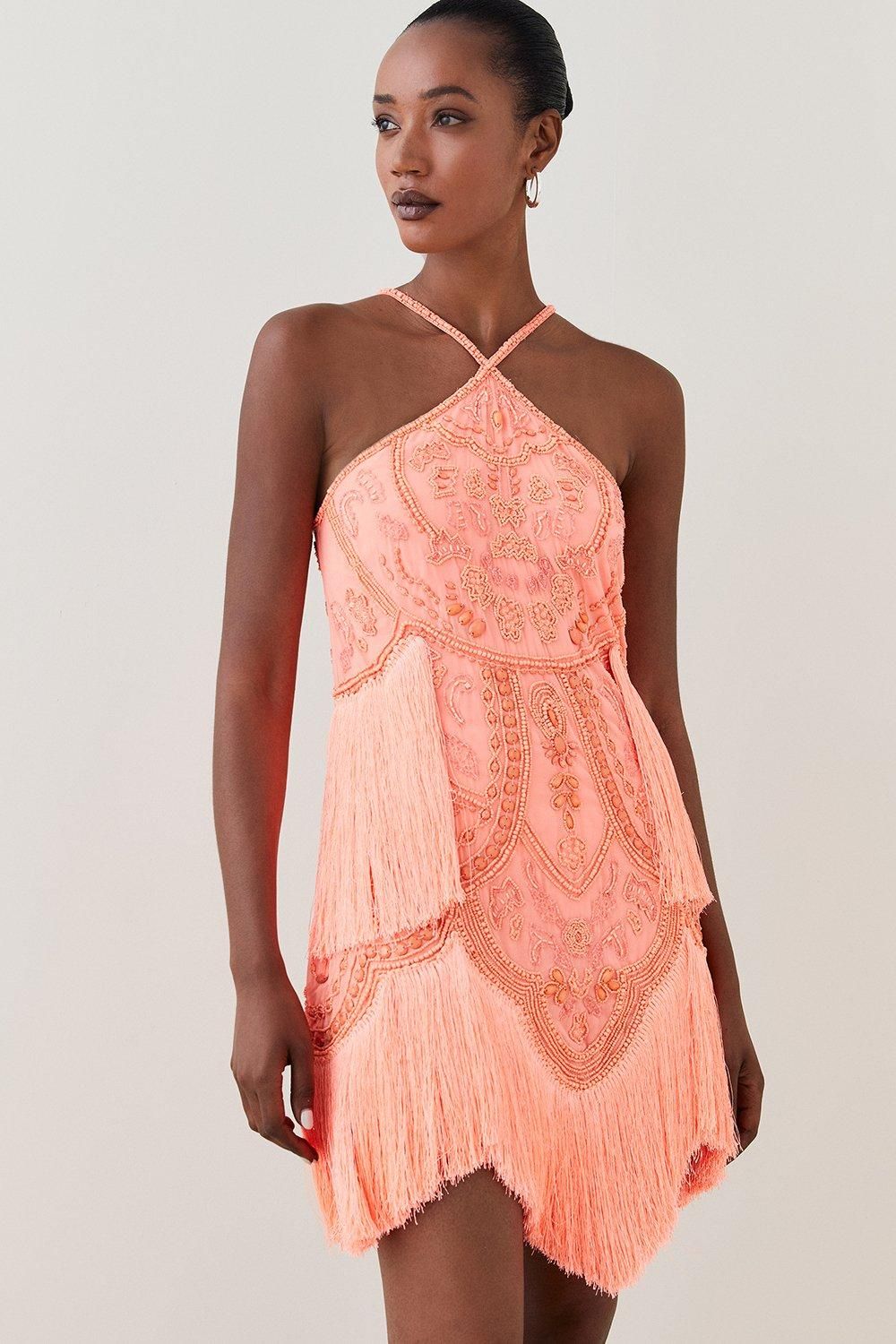 Fringed Beaded Halter Mini Dress | Karen Millen US