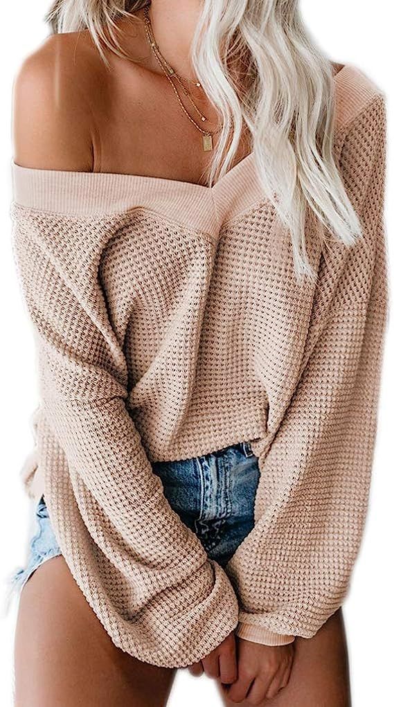 Tobrief Women's V Neck Long Sleeve Waffle Knit Tops Off Shoulder Oversized Pullover Sweater | Amazon (US)