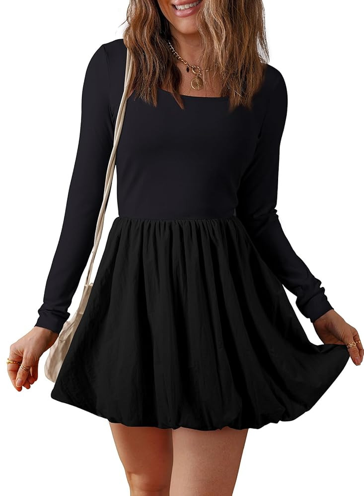 BLENCOT Women's Square Neck Bubble Dress Fall Long Sleeve Cocktail Party A Line Mini Dresses | Amazon (US)