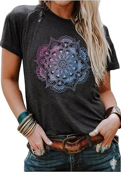 Mandala Shirt for Women Lotus Flower Graphic Tees Short Sleeve Casual Mandala T Shirts Tops | Amazon (US)