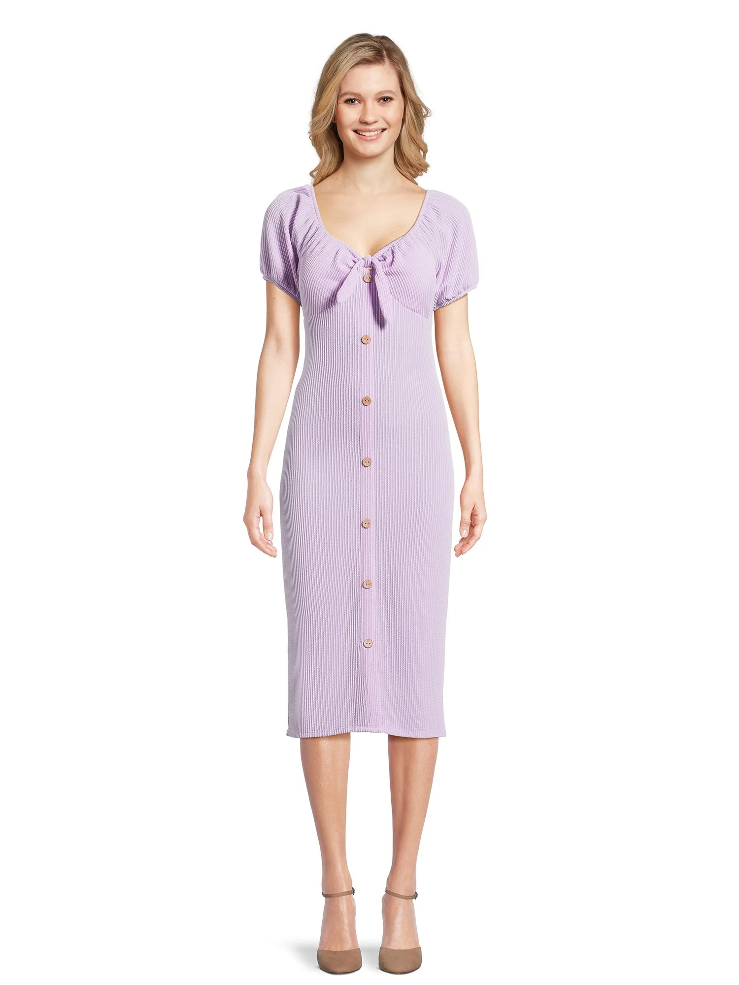 No Boundaries Juniors Wiggle Knit Dress with Short Puff Sleeves, Sizes XS-3XL | Walmart (US)