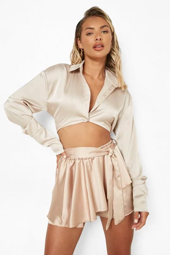 Satin Tiered Belted Shorts | Boohoo.com (US & CA)