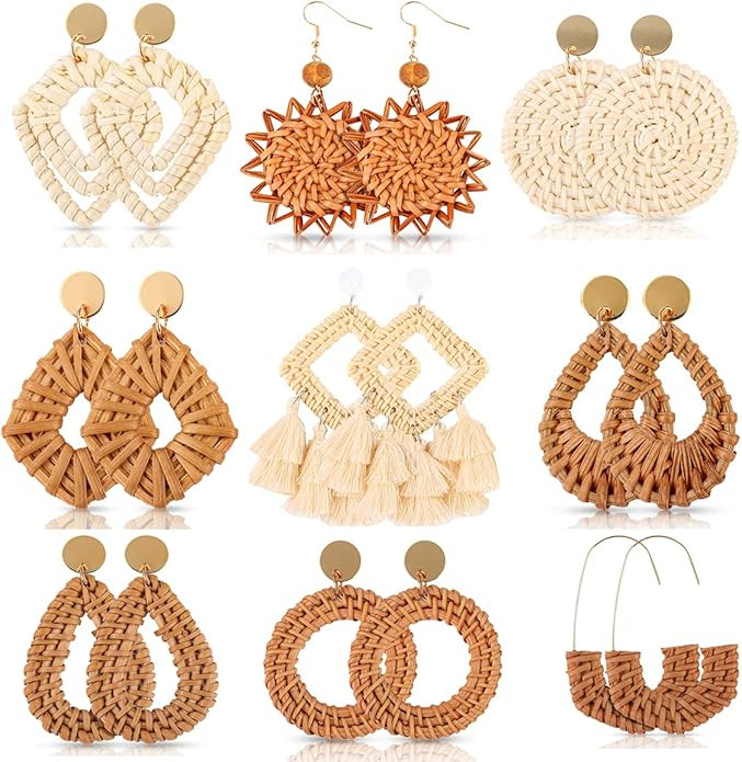 16 Pairs Trendy Acrylic Earrings Rattan Earrings for Women Girls-Summer Beach Straw Earrings Resi... | Amazon (US)