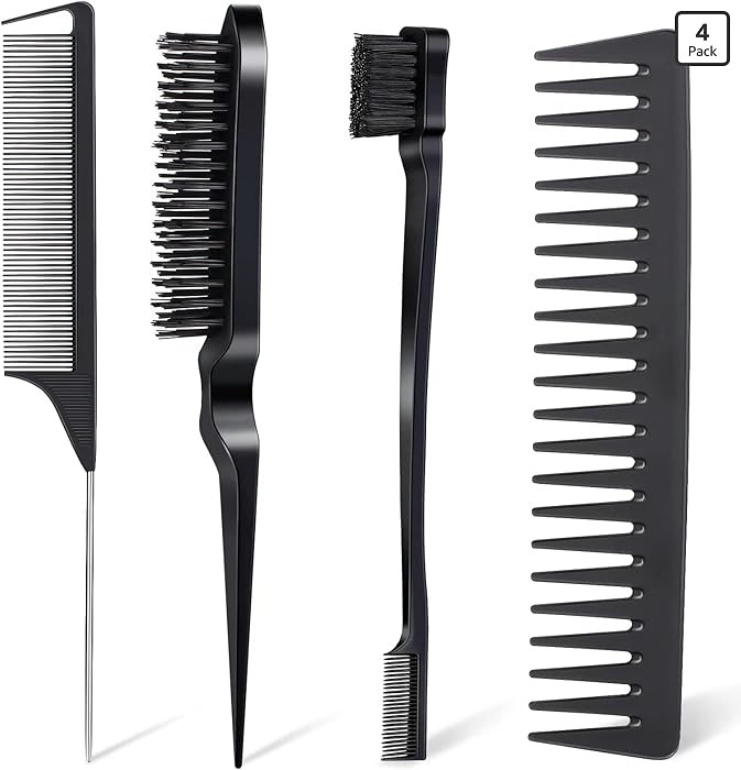 4Pcs Hair Brush Styling Combs Set, Anmieciu Bristle Hair Edge Brush, Teasing Brush Comb, Rat Tail... | Amazon (US)