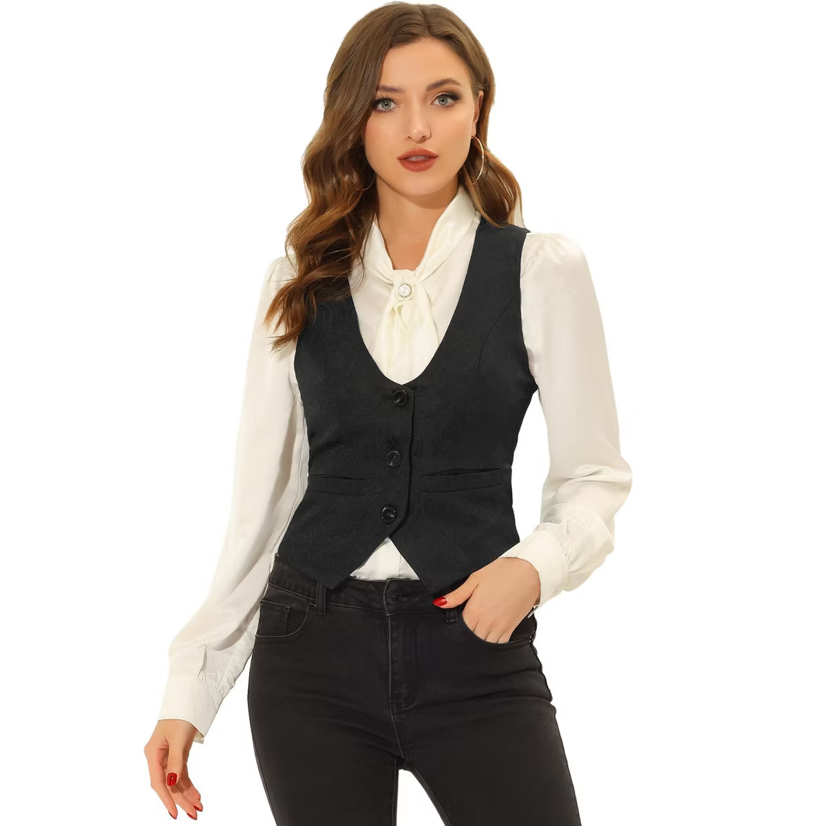 Allegra K Women's Vintage Waistcoat Button Up Steampunk Jacquard Sleeveless Suit Vest | Target