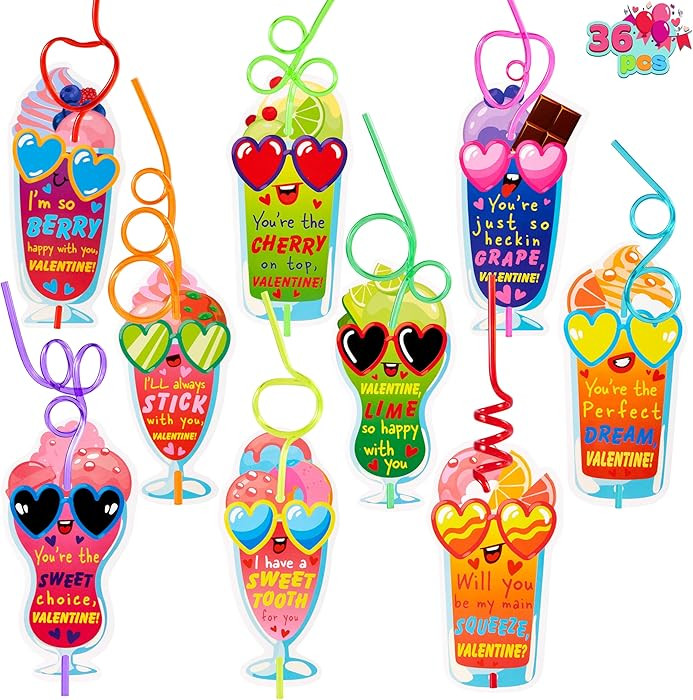 JOYIN 36 Pack Valentines Day Gift Cards with Colorful Loop Reusable Drinking Straws for Kids Vale... | Amazon (US)