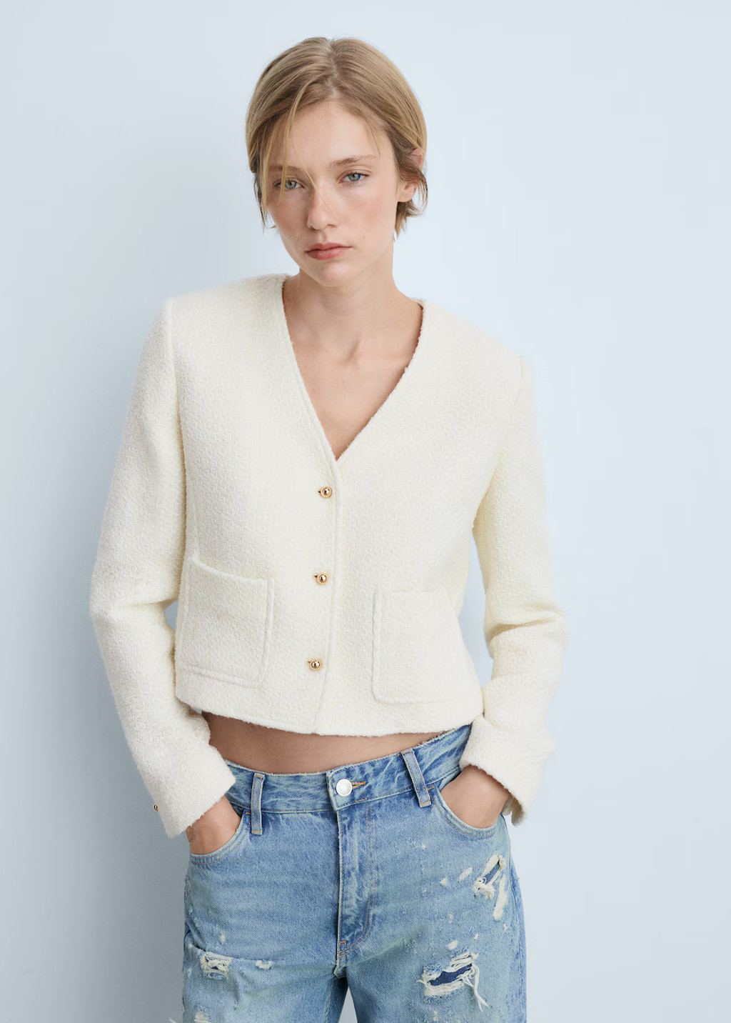 V-neck tweed jacket - Woman | MANGO United Kingdom | MANGO (UK)